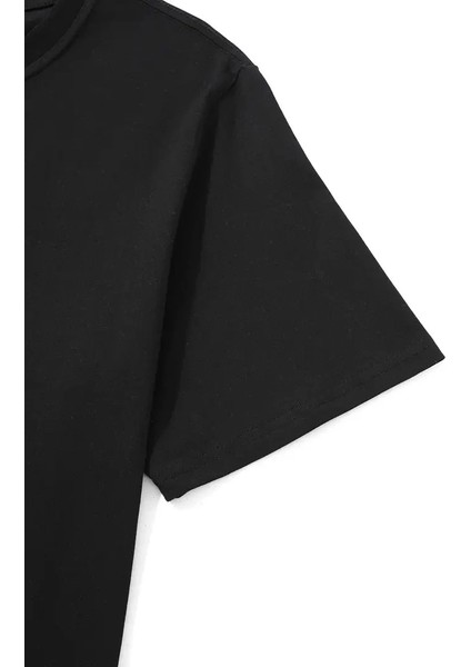 Baskılı Oversize Bisiklet Yaka T-Shirt - Siyah