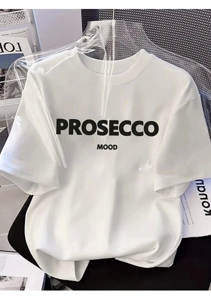 Baskılı Oversize Bisiklet Yaka T-Shirt - Beyaz