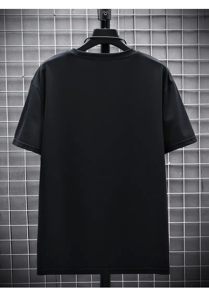 Baskılı Oversize Bisiklet Yaka T-Shirt - Siyah