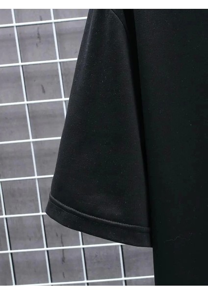 Baskılı Oversize Bisiklet Yaka T-Shirt - Siyah