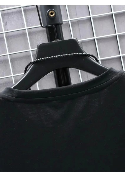 Baskılı Oversize Bisiklet Yaka T-Shirt - Siyah