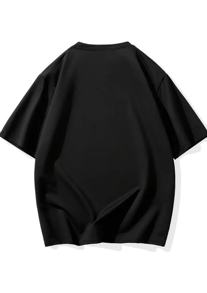 Baskılı Oversize Bisiklet Yaka T-Shirt - Siyah