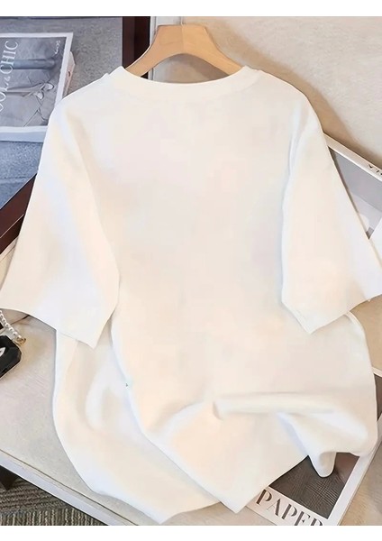 Baskılı Oversize Bisiklet Yaka T-Shirt - Beyaz modelleri