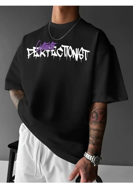 Baskılı Oversize Bisiklet Yaka T-Shirt - Siyah