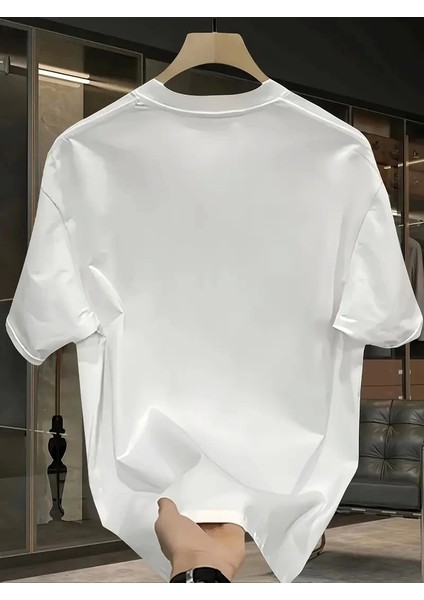 Baskılı Oversize Bisiklet Yaka T-Shirt - Beyaz