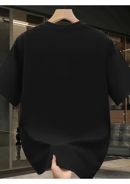 Baskılı Oversize Bisiklet Yaka T-Shirt - Siyah
