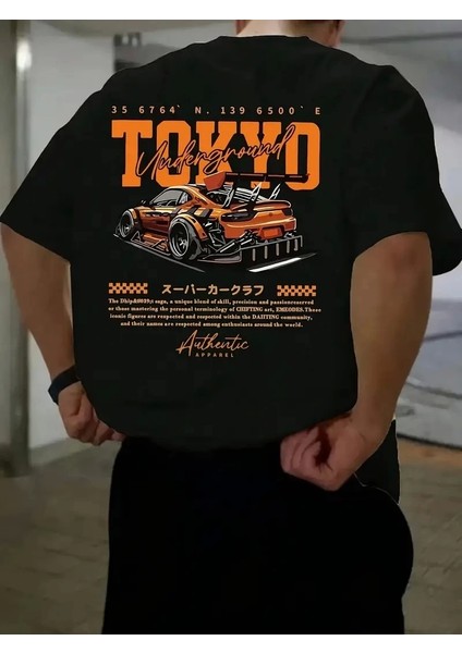Baskılı Oversize Bisiklet Yaka T-Shirt - Siyah