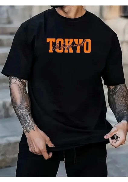 Baskılı Oversize Bisiklet Yaka T-Shirt - Siyah
