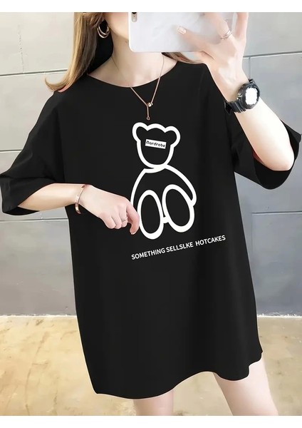 Baskılı Oversize Bisiklet Yaka T-Shirt - Siyah