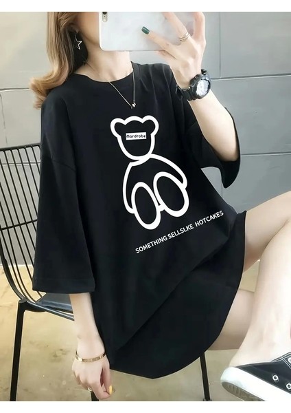 Baskılı Oversize Bisiklet Yaka T-Shirt - Siyah indirimleri