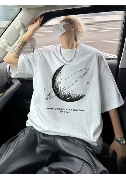 Baskılı Oversize Bisiklet Yaka T-Shirt - Beyaz