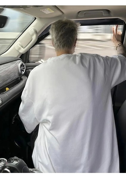 Baskılı Oversize Bisiklet Yaka T-Shirt - Beyaz