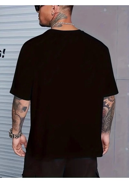 Baskılı Oversize Bisiklet Yaka T-Shirt - Siyah