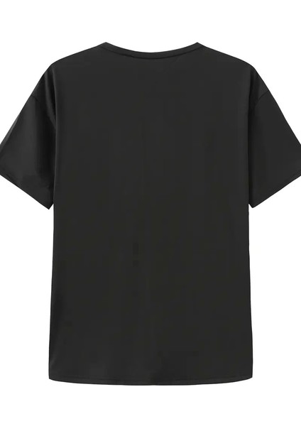 Baskılı Oversize Bisiklet Yaka T-Shirt - Siyah modelleri