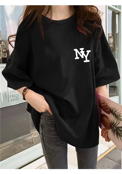 Baskılı Oversize Bisiklet Yaka T-Shirt - Siyah modelleri