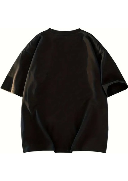 Baskılı Oversize Bisiklet Yaka T-Shirt - Siyah fırsatları
