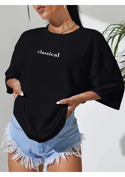 Baskılı Oversize Bisiklet Yaka T-Shirt - Siyah fiyatları