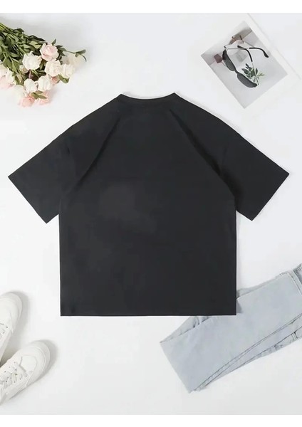 Baskılı Oversize Bisiklet Yaka T-Shirt - Siyah fırsatları