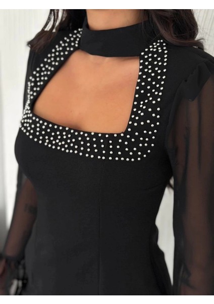 Kadın Kolları Şifon Göğüste Inci Boncuk Detaylı Bluz - Siyah fiyatları