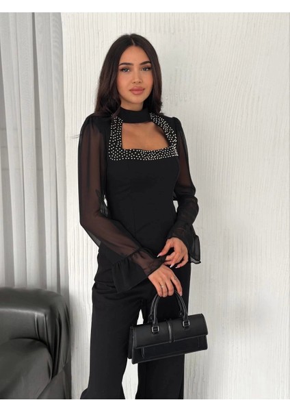 Kadın Kolları Şifon Göğüste Inci Boncuk Detaylı Bluz - Siyah modelleri