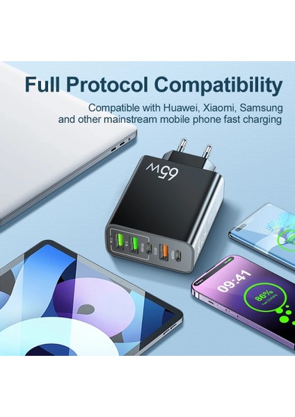 65W 3 USB+ 2 TYPE-C Girişli Hızlı Şarj Adaptörü Uyumlu