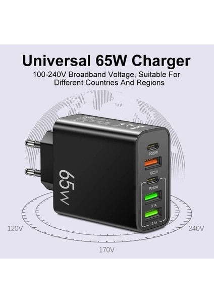 65W 3 USB+ 2 TYPE-C Girişli Hızlı Şarj Adaptörü Uyumlu