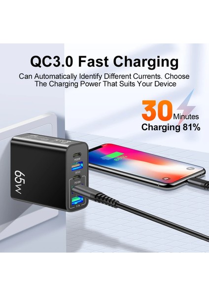 65W 3 USB+ 2 TYPE-C Girişli Hızlı Şarj Adaptörü Uyumlu