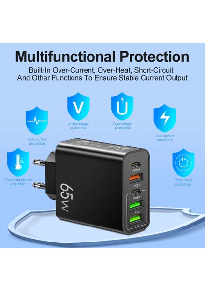 65W 3 USB+ 2 TYPE-C Girişli Hızlı Şarj Adaptörü Uyumlu