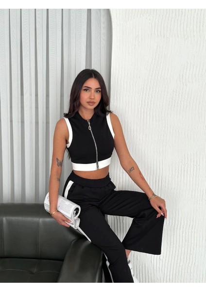 Osy Modal Yumuşak Dokulu Kumaş Tam Fermuarlı Crop Pantalon Ikili Takım - Siyah