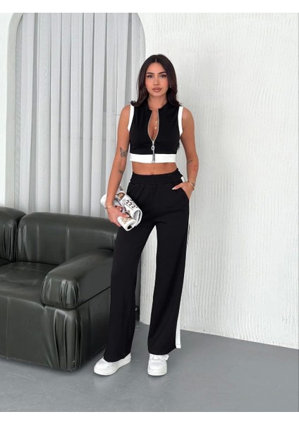 Osy Modal Yumuşak Dokulu Kumaş Tam Fermuarlı Crop Pantalon Ikili Takım - Siyah