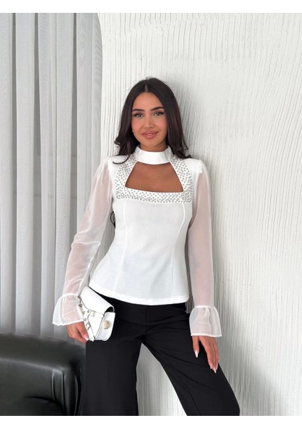 Kadın Kolları Şifon Göğüste Inci Boncuk Detaylı Bluz - Beyaz fırsatları