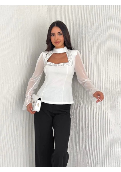 Kadın Kolları Şifon Göğüste Inci Boncuk Detaylı Bluz - Beyaz indirimleri