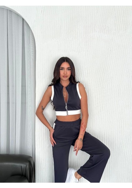 Osy Modal Yumuşak Dokulu Kumaş Tam Fermuarlı Crop Pantalon Ikili Takım - Antrasit