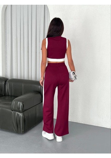 Osy Modal Yumuşak Dokulu Kumaş Tam Fermuarlı Crop Pantalon Ikili Takım - Bordo