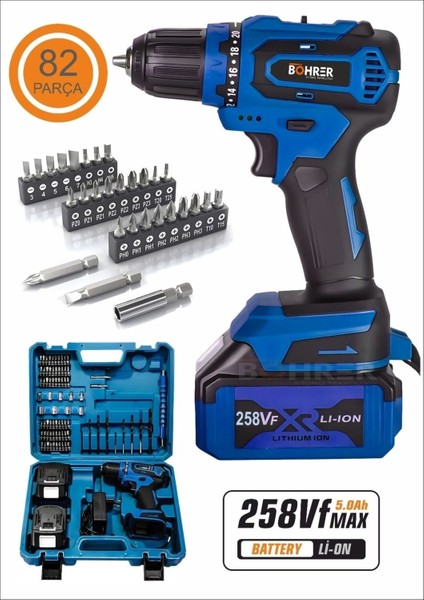 Şarjlı 24 Parça 258VF 5AH Kömürsüz Brushless Böhrer 10MM Çift Bataryalı Akülü Vidalama Matkap