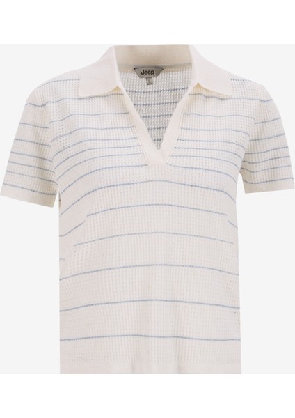Polo Yaka Relaxed Çizgili Ekru - Mavi Kazak Kadın J5SL-KZK7859