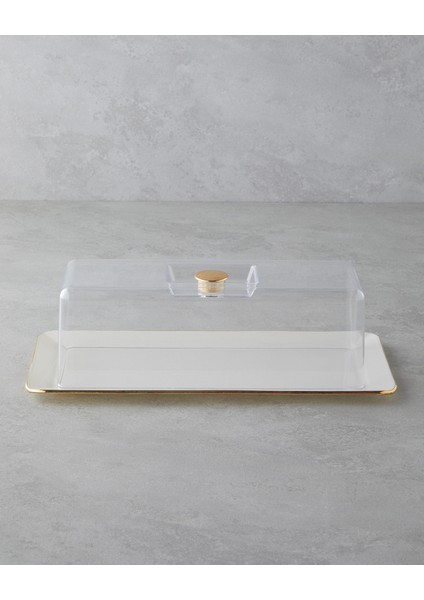 Lustre Cam Kapaklı Kek Standı 36,5 x 17,5 cm Krem-Gold