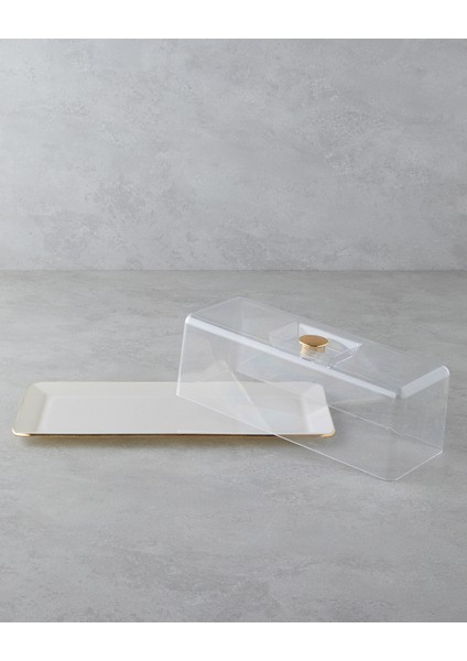 Lustre Cam Kapaklı Kek Standı 36,5 x 17,5 cm Krem-Gold
