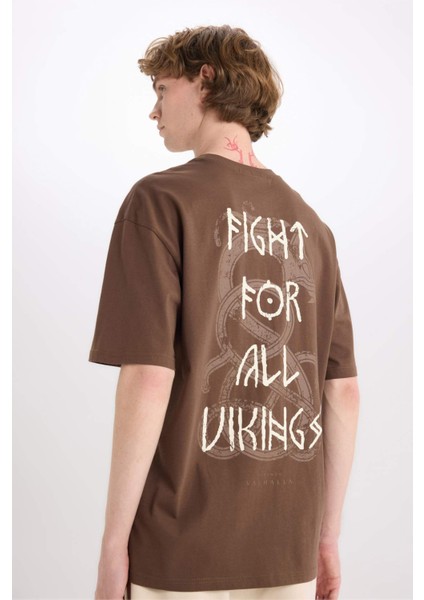 %100 Pamuk Vikings Valhalla Boxy Fit Bisiklet Yaka Sırt Baskılı Kısa Kollu Tişört E3279AX25SM