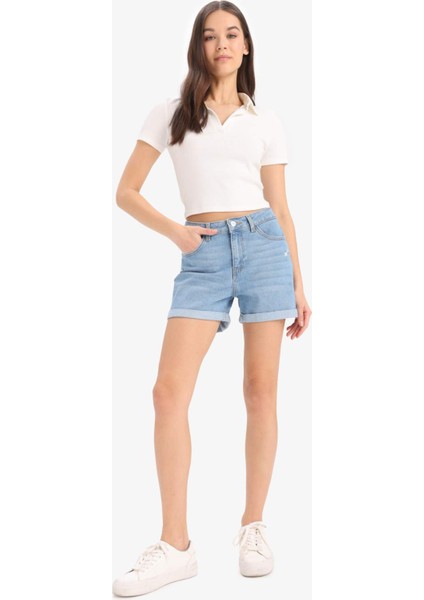 Normal Bel Yıkamalı Cepli Duble Paça Jean Şort E0701AX25SM