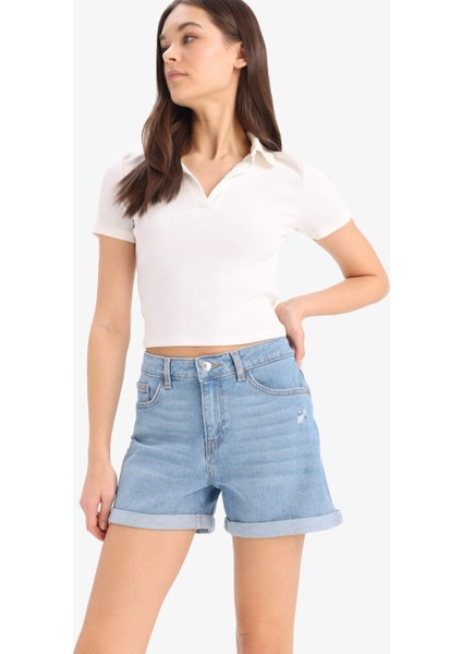 Normal Bel Yıkamalı Cepli Duble Paça Jean Şort E0701AX25SM