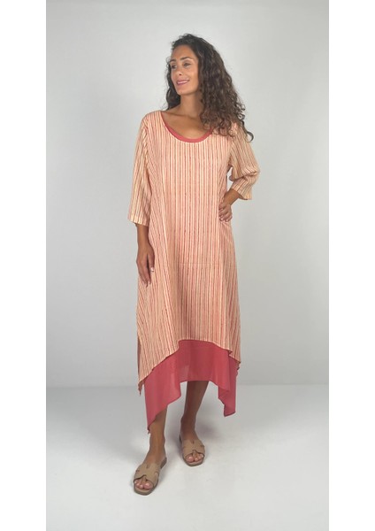 Magıe Dress Ikili Yuvarlak Yaka Turvakar Kol Çizgili El Baskısı Müslin Uzun Elbise ( Hand Blok Print )