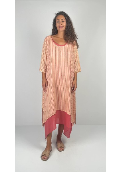 Magıe Dress Ikili Yuvarlak Yaka Turvakar Kol Çizgili El Baskısı Müslin Uzun Elbise ( Hand Blok Print ) fiyatları