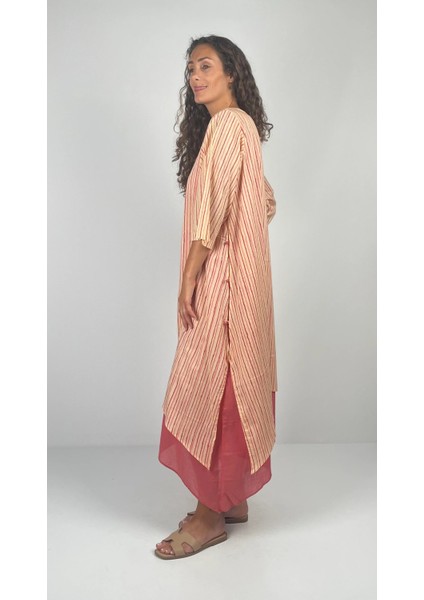 Magıe Dress Ikili Yuvarlak Yaka Turvakar Kol Çizgili El Baskısı Müslin Uzun Elbise ( Hand Blok Print ) indirimleri