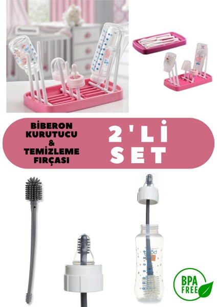 Biberon Kurutucu ve Temizlik Fırçası 2'li Set Pembe