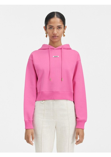 Klasik Cropped Grosgrain Logo Kapüşonlu Hoodie Pamuk Fleece, Şık Tasarım