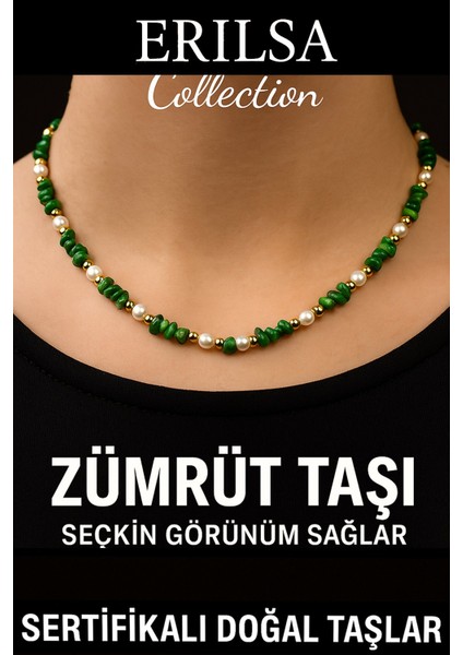 Sertifikalı Kırık Taşlı Model Inci - Zümrüt Taşı Kolye