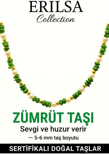 Sertifikalı Kırık Taşlı Model Inci - Zümrüt Taşı Kolye