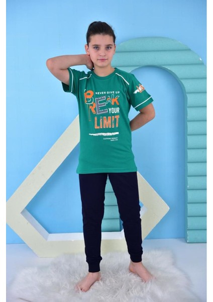 Kapip Yeşil Break Limite Baskılı Kısa Kollu Erkek Çocuk Pijama Takımı 11-15 Yaş 5054-Y