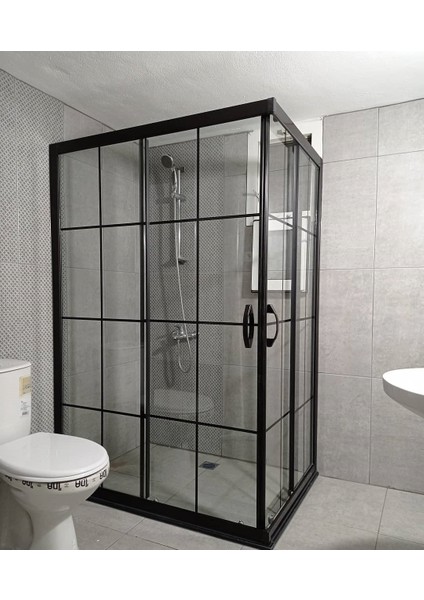 Paslanmaz Siyah Alüminyum Çerçeveli 6 mm Temperli Siyah Çizgi Desenli H.190 cm Köşe Duşakabin